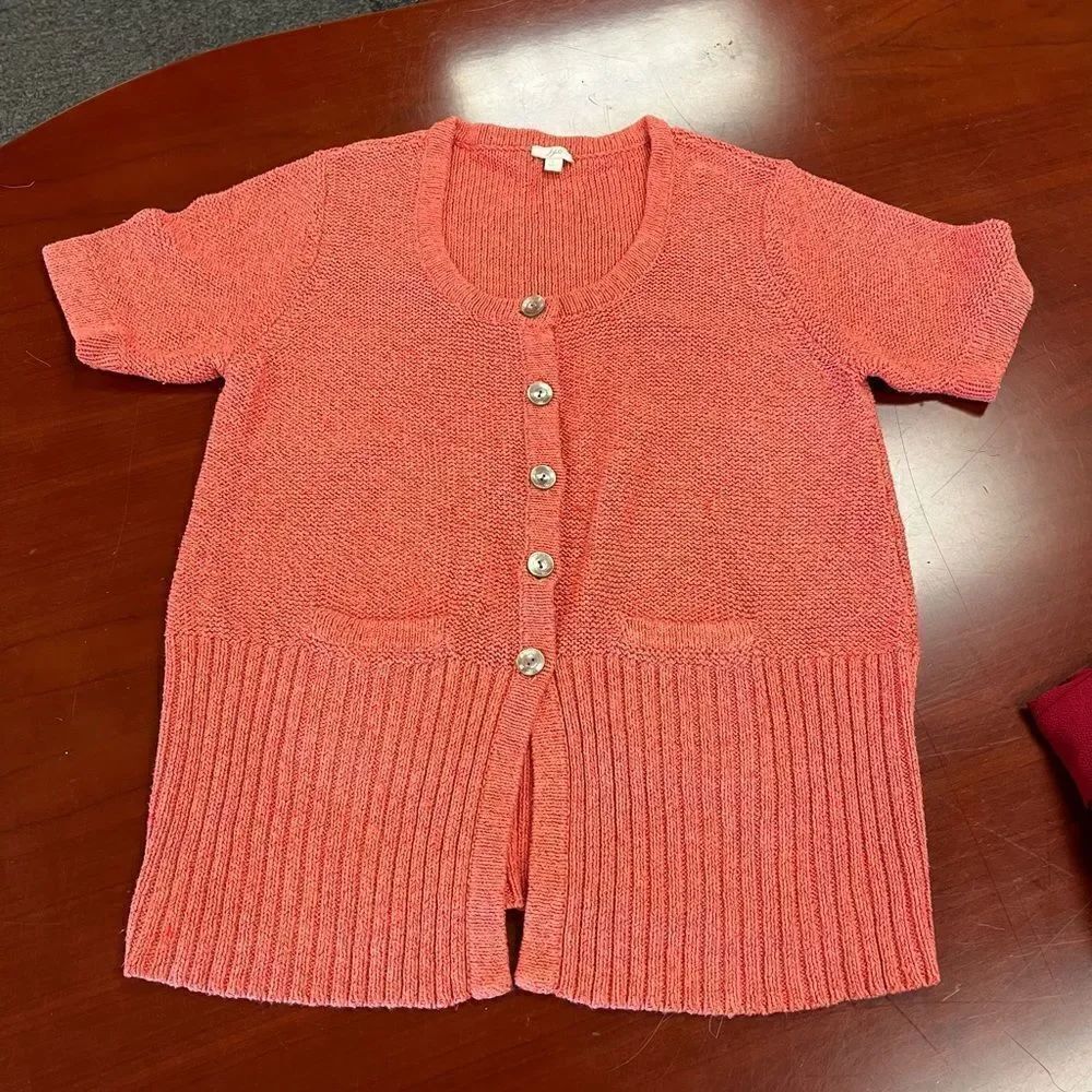 J. Jill Salmon Short Sleeve Cotton Blend Cardigan Sweater sz L EUC